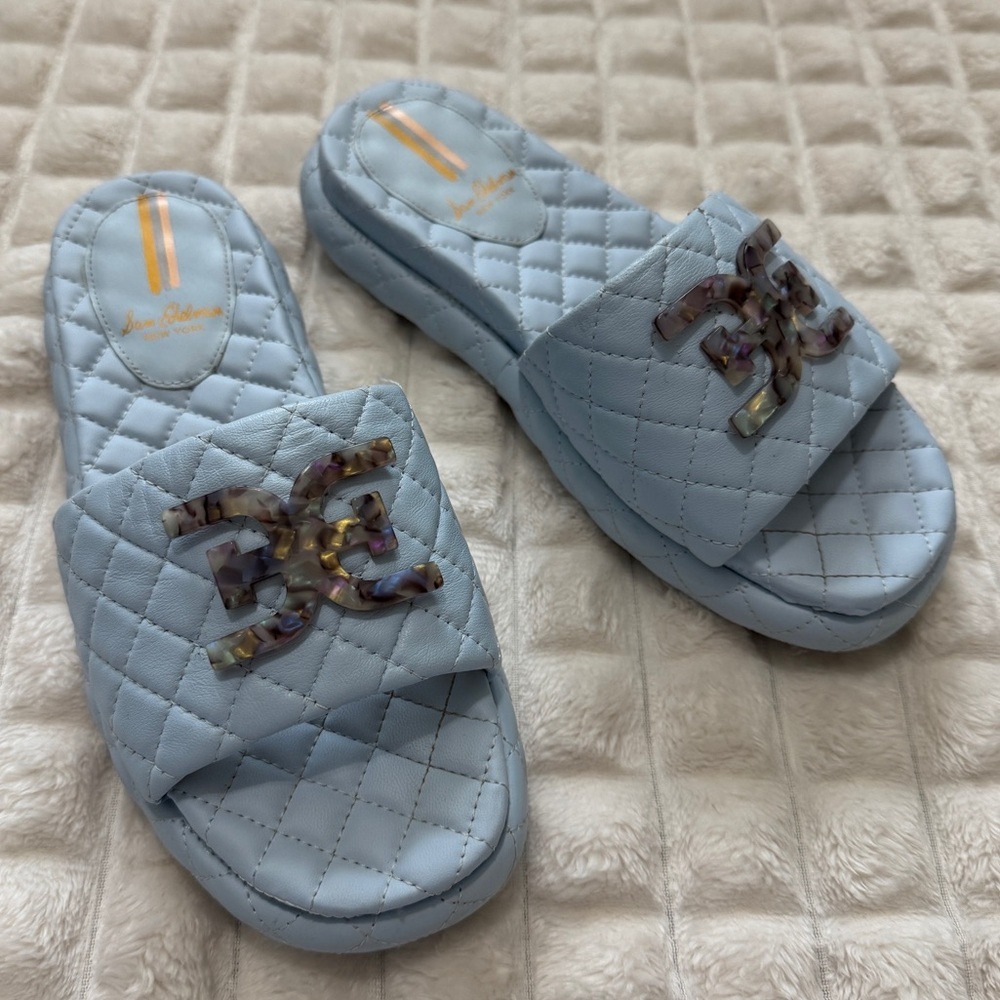 Sam Edelman Light Blue Quilted Slide Sandals with Iridescent Chain Accent